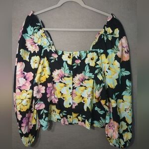 Who What Wear XL Black Floral Balloon Sleeve Boho Peasant‎ Top
